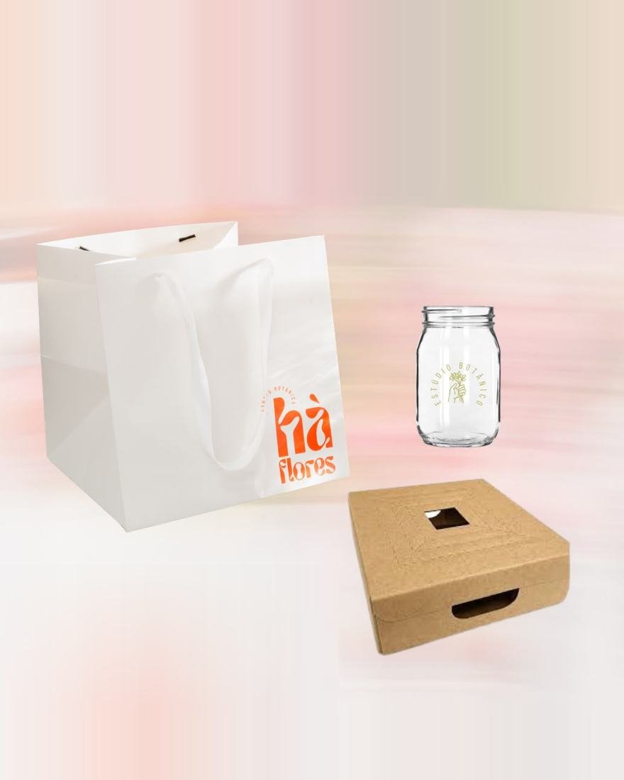 Kit de envio: sacola da marca, vidro tipo pote e caixa de transporte